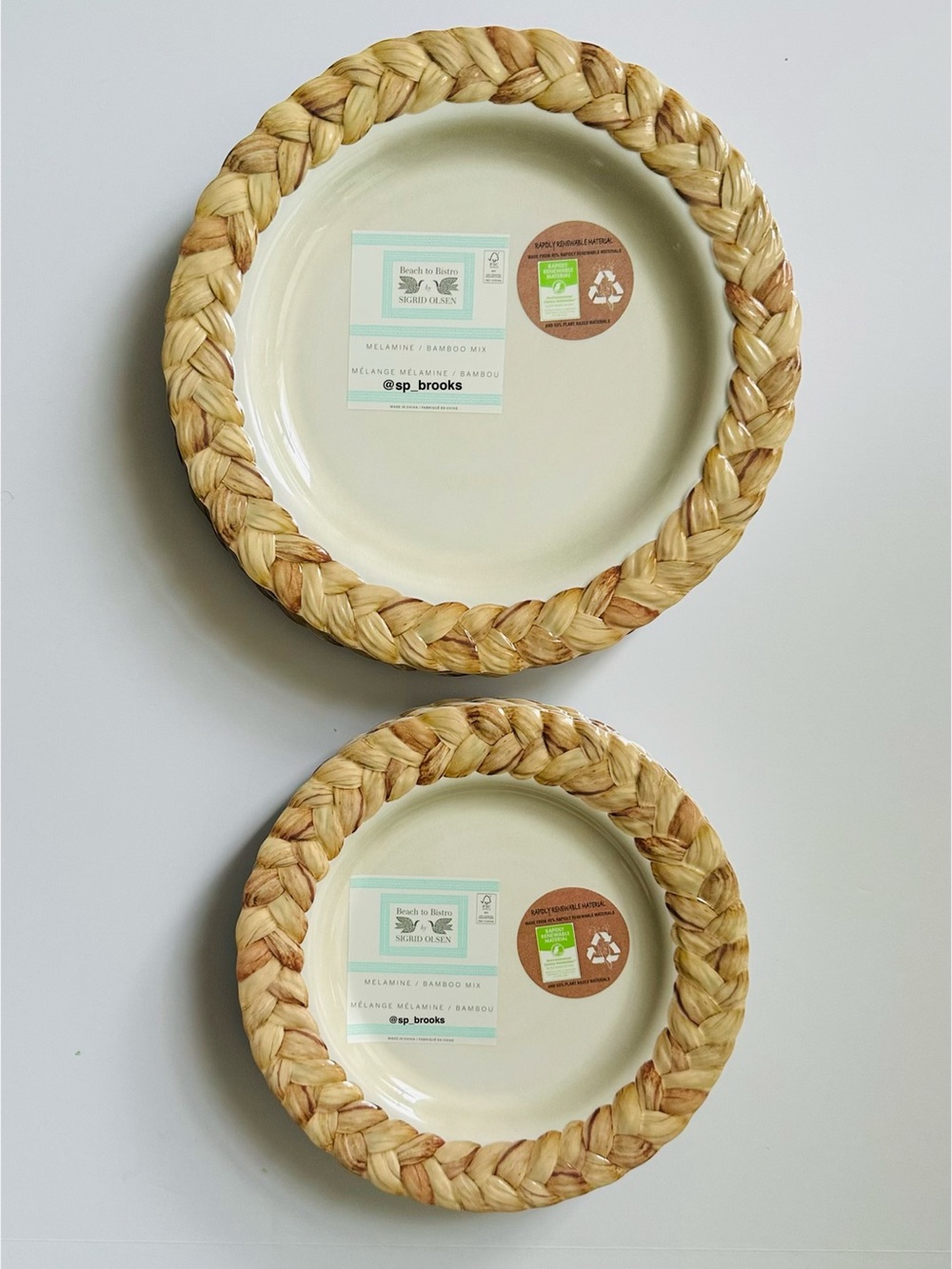 🎁8PC SIGRID OLSEN Melamine / Bamboo Mix Dinnerware with Braided Rim - Bone & Tan